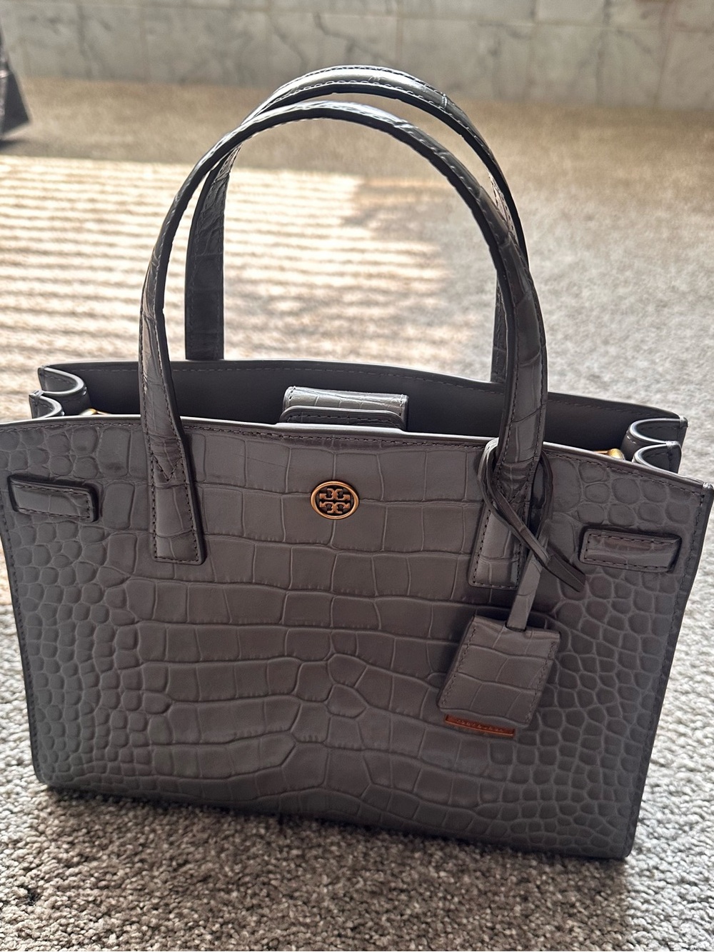 Tory Burch Gray Croc-Embossed Satchel with Gold Logo, missing long strap